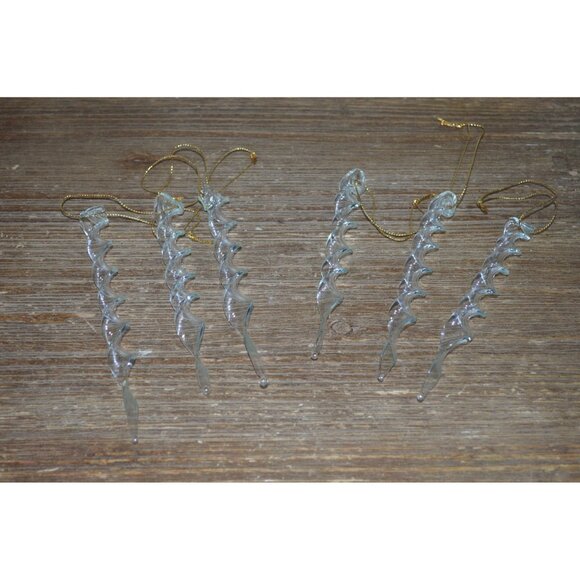 Christmas Ornaments Clear Glass Icicles Twisted Spiral Set of 6 Hanging - Picture 1 of 7